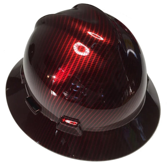 Custom Hard Hat Red Kandy Carbon Fiber Hydro Dipped MSA V-Gard Full Brim