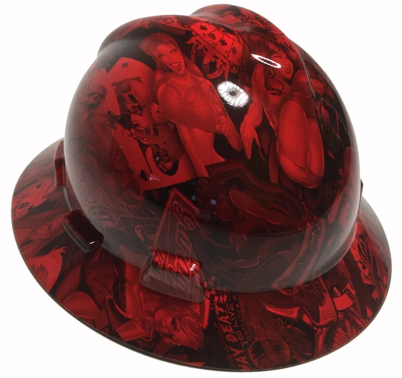 Hard Hat MSA V-Gard Full Brim Custom Red Naughty Boy Hydro Dipped