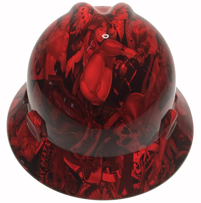 Hard Hat MSA V-Gard Full Brim Custom Red Naughty Boy Hydro Dipped