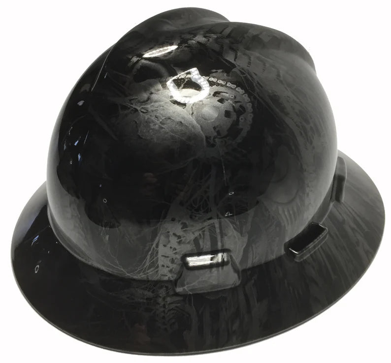 Custom Hard Hat Metallic Graphite Bio Mechanical MSA V-Gard Full Brim