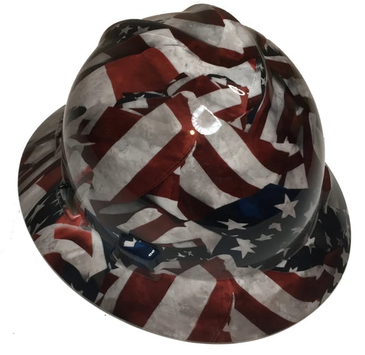 Hard Hat MSA V-Gard Full Brim Vintage American Flags