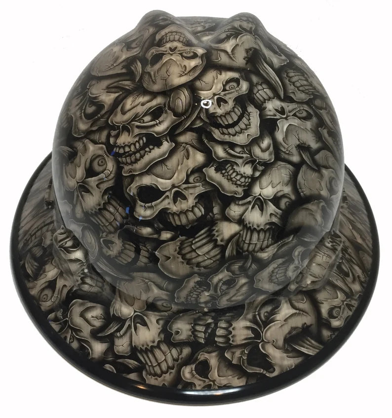 Custom Hard Hat Woodgrain Insanity Skulls MSA V-Gard Full Brim with Black EdgeGard