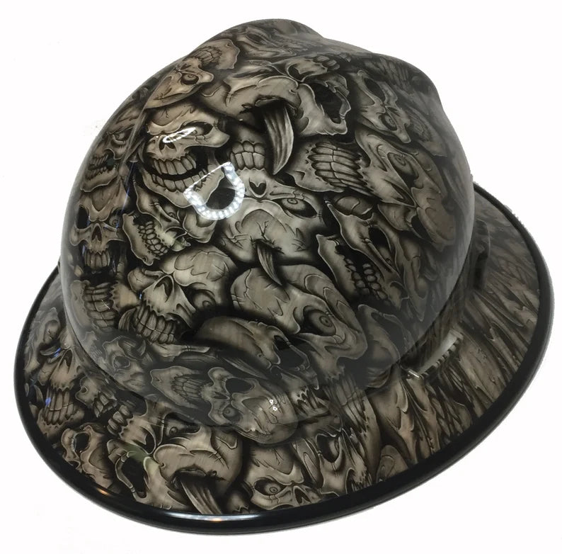 Custom Hard Hat Woodgrain Insanity Skulls MSA V-Gard Full Brim with Black EdgeGard