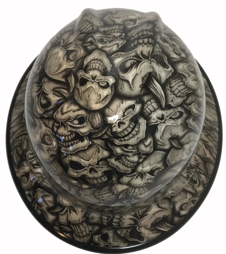 Custom Hard Hat Woodgrain Insanity Skulls MSA V-Gard Full Brim with Black EdgeGard