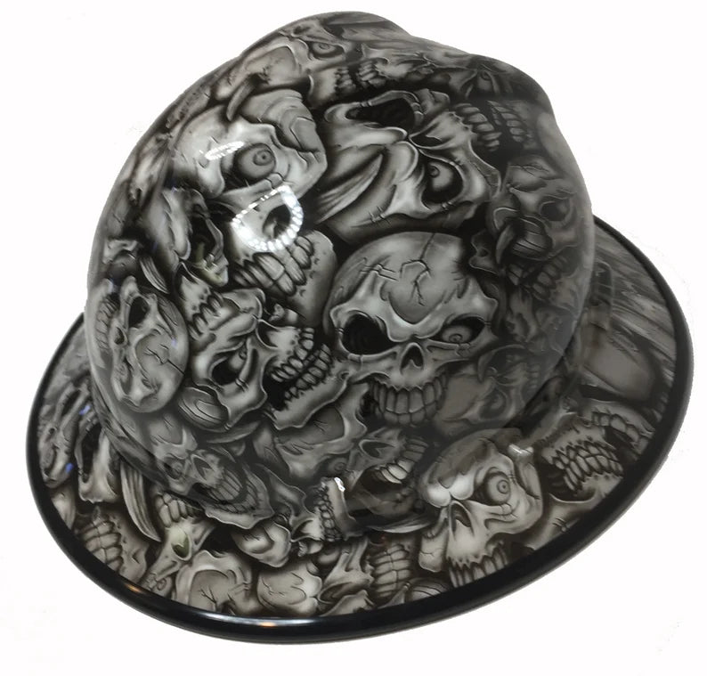 Hard Hat MSA V-Gard Full Brim Custom White Insanity Skulls with Black EdgeGard