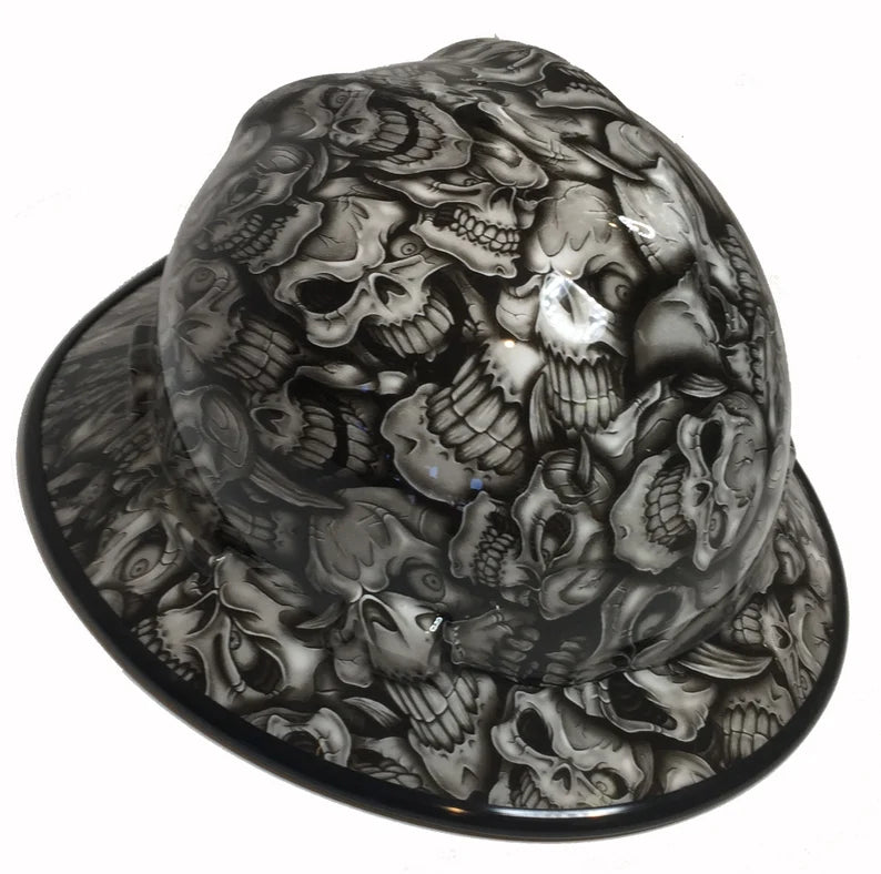 Hard Hat MSA V-Gard Full Brim Custom White Insanity Skulls with Black EdgeGard