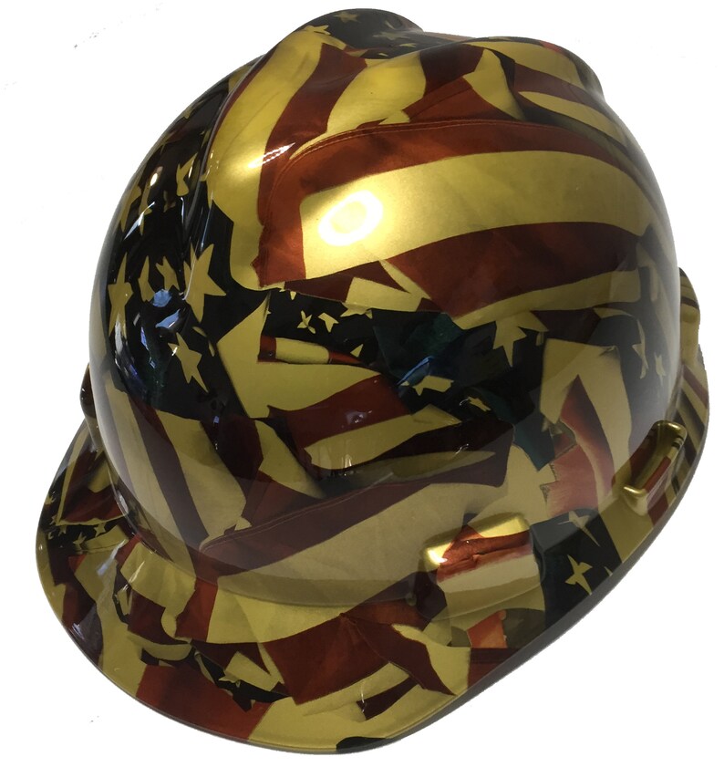 Custom Hard Hat Metallic Gold American Flag MSA VGard Cap Style