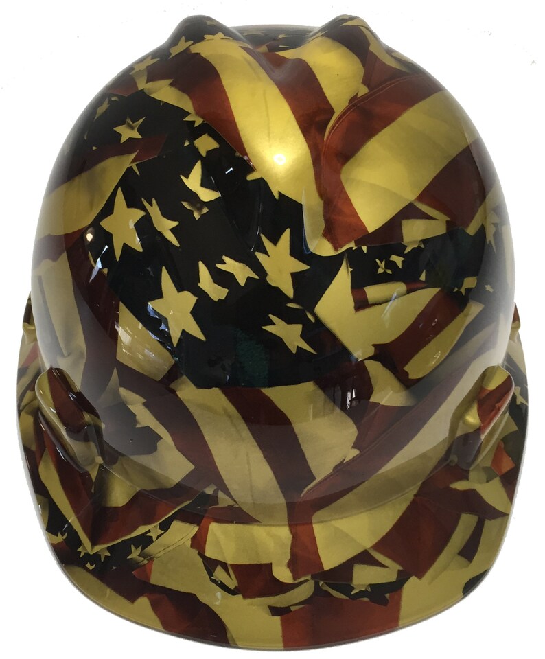 Custom Hard Hat Metallic Gold American Flag MSA VGard Cap Style