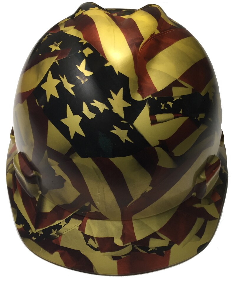 Custom Hard Hat Metallic Gold American Flag MSA VGard Cap Style