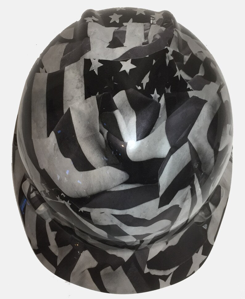 Custom Hard Hat Pearl White Midnight American Flags Hydro Dipped MSA VGard Cap Style