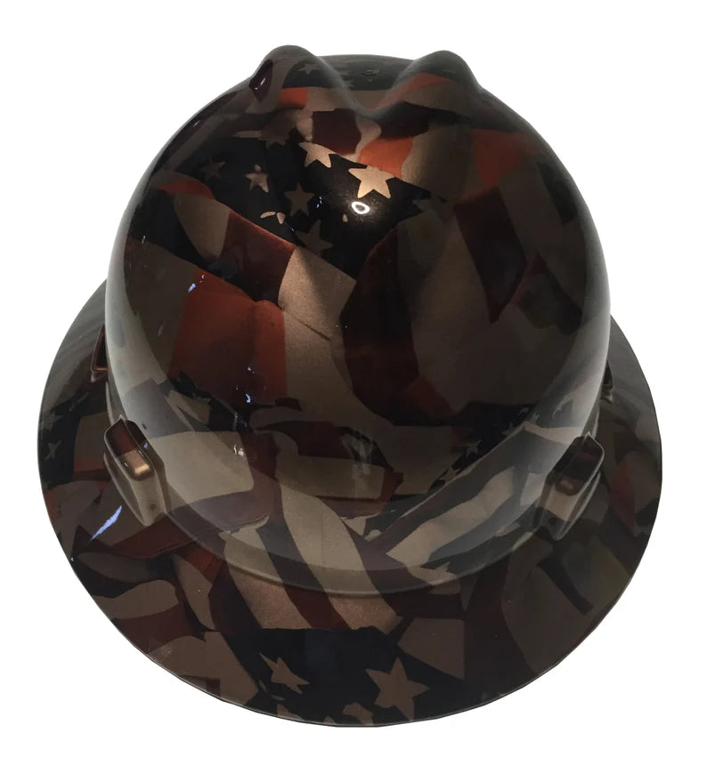 Custom Hard Hat Copper Metallic American Flags MSA V-Gard Full Brim