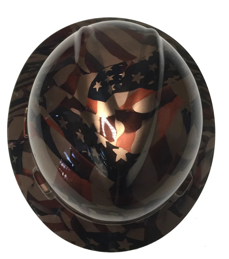 Custom Hard Hat Copper Metallic American Flags MSA V-Gard Full Brim