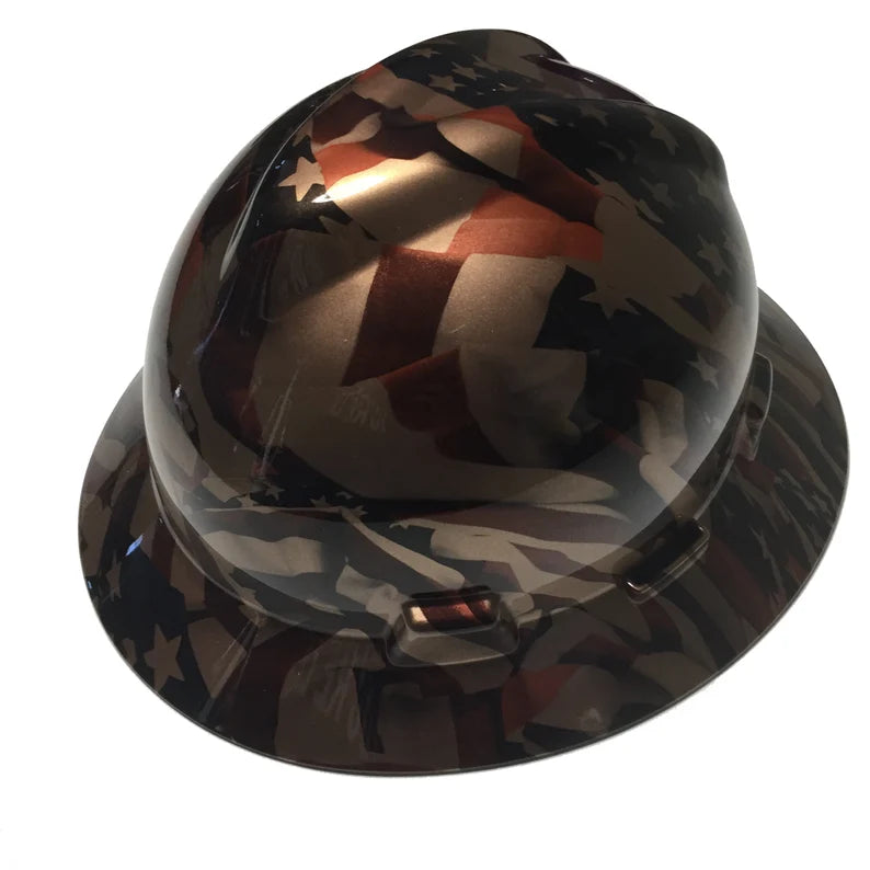 Custom Hard Hat Copper Metallic American Flags MSA V-Gard Full Brim