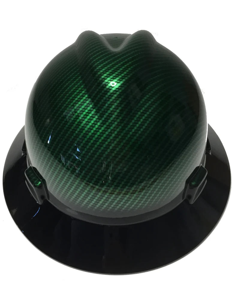 Custom Hard Hat Kandy Green Carbon Fiber Hydro Dipped with Black Brim MSA V-Gard Full Brim