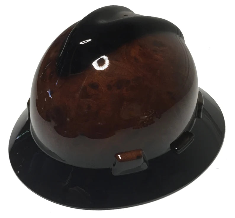 Custom MSA V-Gard Full Brim Hard Hat Dark Burlwood with Black V and Brim