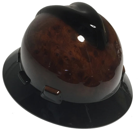 Custom MSA V-Gard Full Brim Hard Hat Dark Burlwood with Black V and Brim