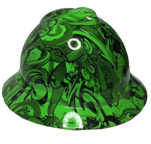 Custom Hard Hat Hydro Dipped Alien Green Graffiti MSA 500 Series V-Gard Full Brim Non-Vented 6 Point Ratchet Suspension