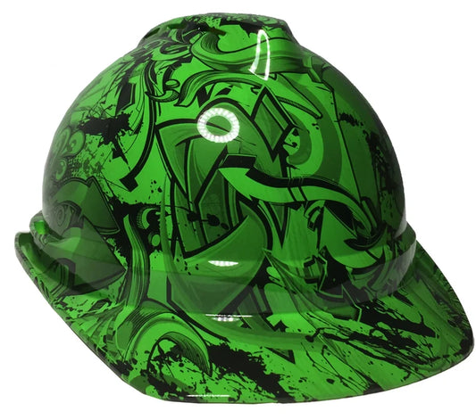 Custom Hydro Dipped Hard Hat Alien Green Graffiti MSA 500 Series Cap Style Vented