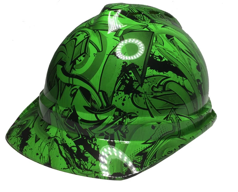 Custom Hydro Dipped Hard Hat Alien Green Graffiti MSA 500 Series Cap Style Vented