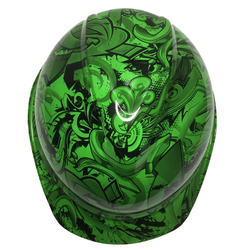 Custom Hydro Dipped Hard Hat Alien Green Graffiti MSA 500 Series Cap Style Vented