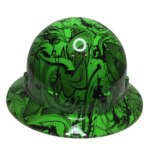 Hydro Dipped Custom Hard Hat Alien Green Graffiti Pyramex SL Series Sleek Shell Full Brim