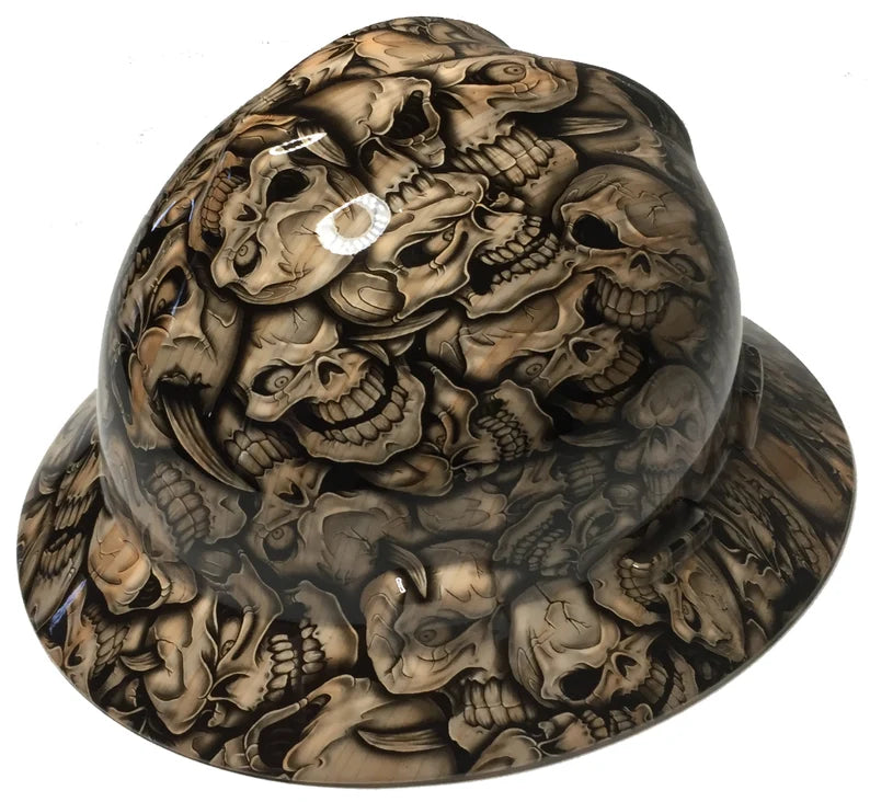 Custom Hard Hat Woodgrain Insanity Skulls MSA V-Gard Full Brim