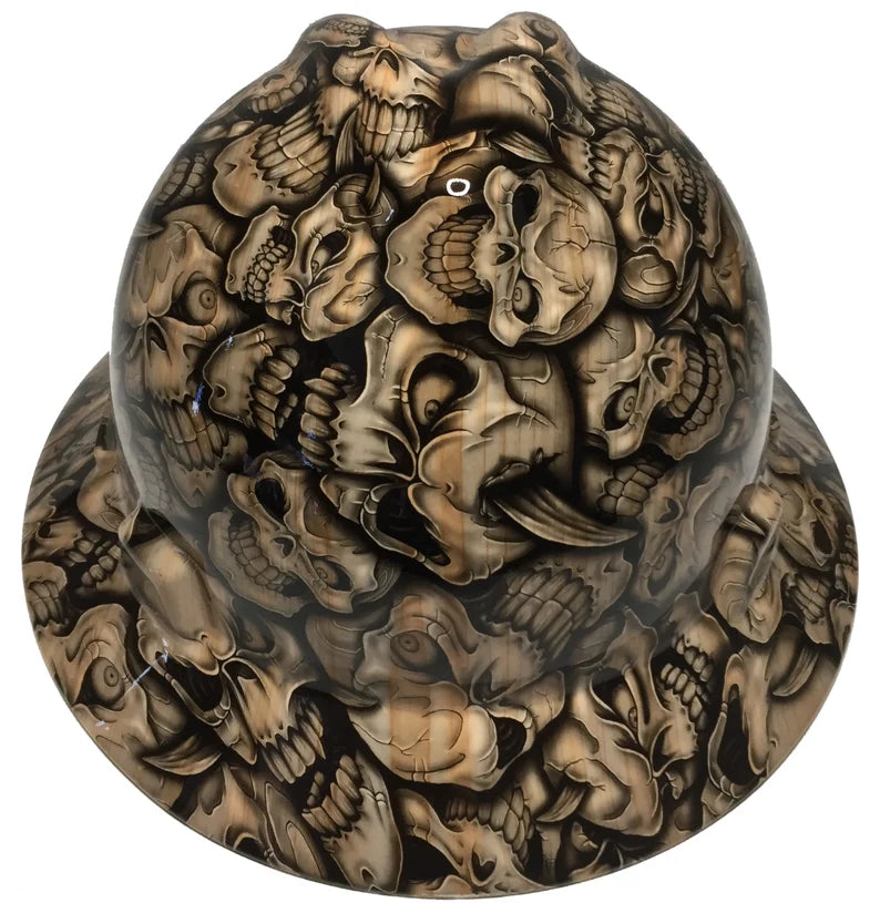 Custom Hard Hat Woodgrain Insanity Skulls MSA V-Gard Full Brim