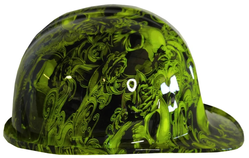 Hydro Dipped Hard Hat SL Series Cap Style Custom Hi Vis Green Filigree Skulls