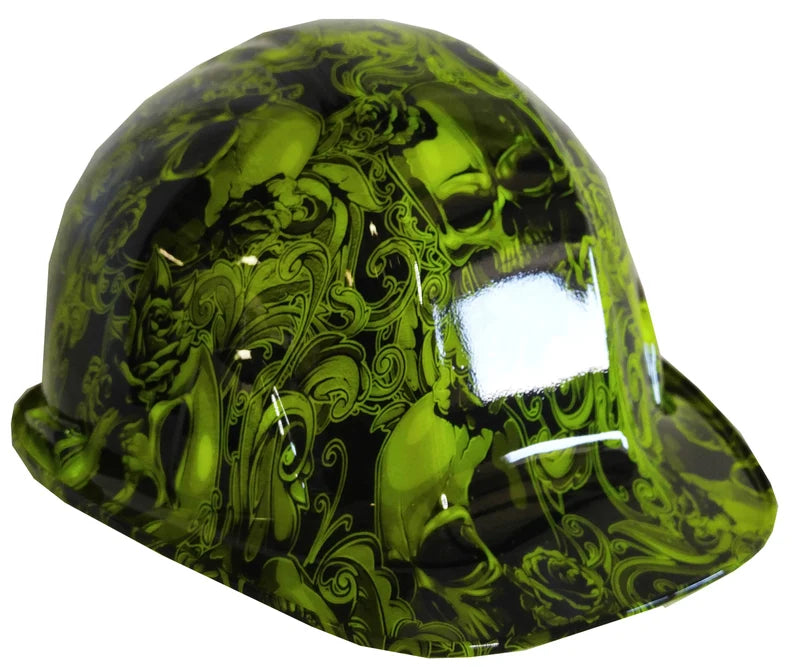 Hydro Dipped Hard Hat SL Series Cap Style Custom Hi Vis Green Filigree Skulls