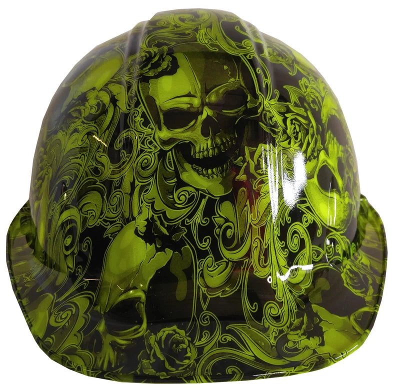 Hydro Dipped Hard Hat SL Series Cap Style Custom Hi Vis Green Filigree Skulls