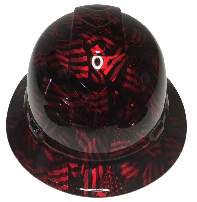 Custom Hydro Dipped Hard Hat Kandy Red Negative American Flags Full Brim Ridgeline