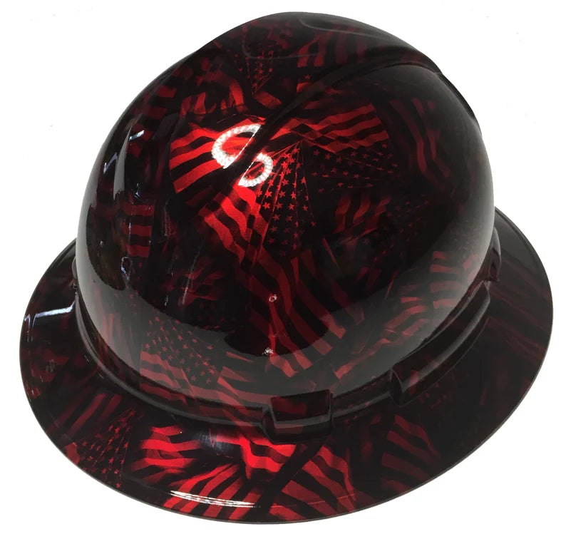 Custom Hydro Dipped Hard Hat Kandy Red Negative American Flags Full Brim Ridgeline