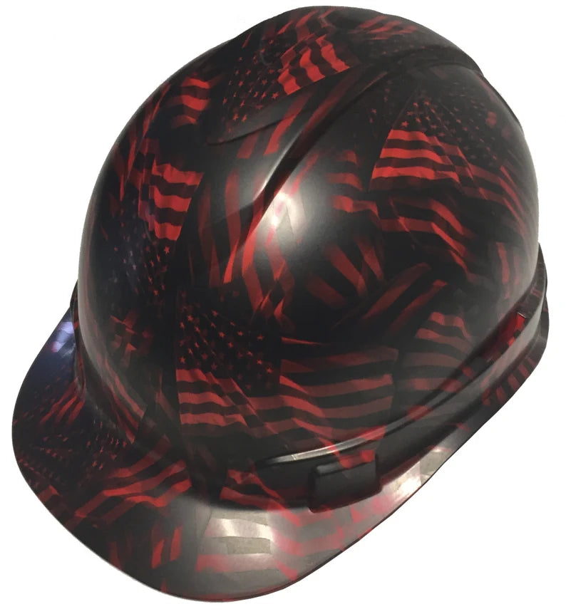 Custom Hydro Dipped Hard Hat Red Negative American Flags Ridgeliune Cap Style