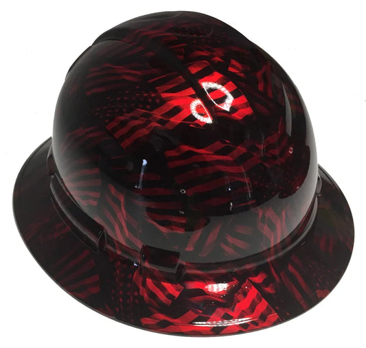 Custom Hydro Dipped Hard Hat Kandy Red Negative American Flags Full Brim Ridgeline