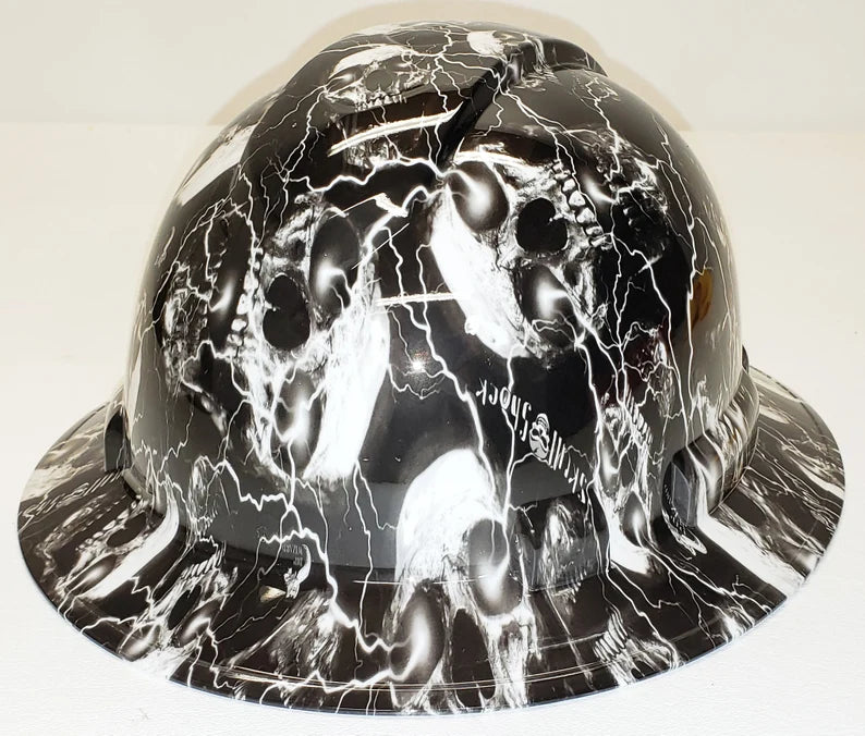 Custom Hydro Dip Hard Hat High Voltage Skulls Full Brim Pyramex Ridgeline Protective Helmet