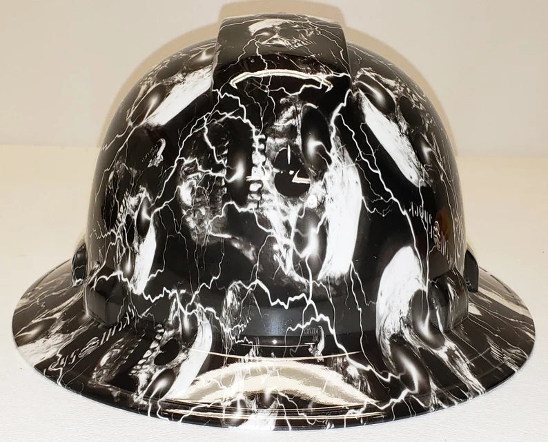 Custom Hydro Dip Hard Hat High Voltage Skulls Full Brim Pyramex Ridgeline Protective Helmet