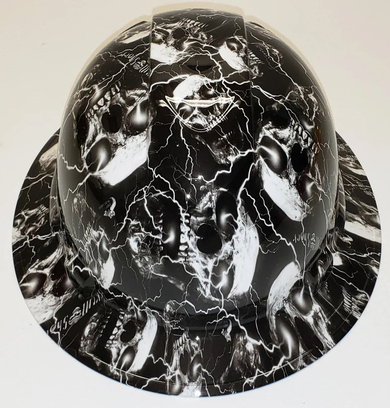 Custom Hydro Dip Hard Hat High Voltage Skulls Full Brim Pyramex Ridgeline Protective Helmet