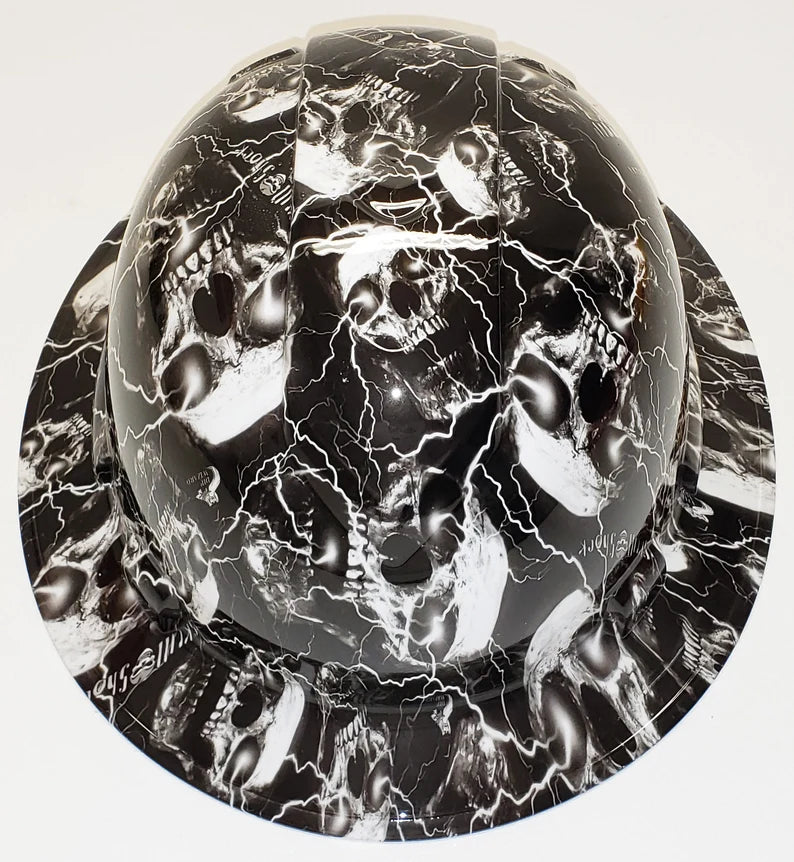 Custom Hydro Dip Hard Hat High Voltage Skulls Full Brim Pyramex Ridgeline Protective Helmet