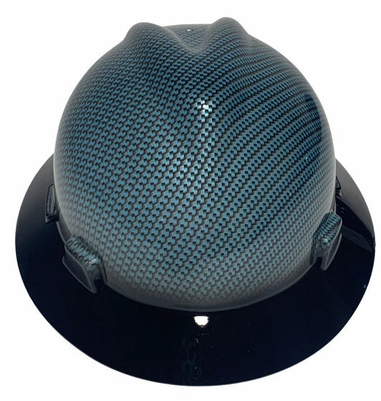 Custom Hard Hat MSA V-Gard Full Brim Teal Blue Carbon Fiber Hydro Dipped with Black Brim