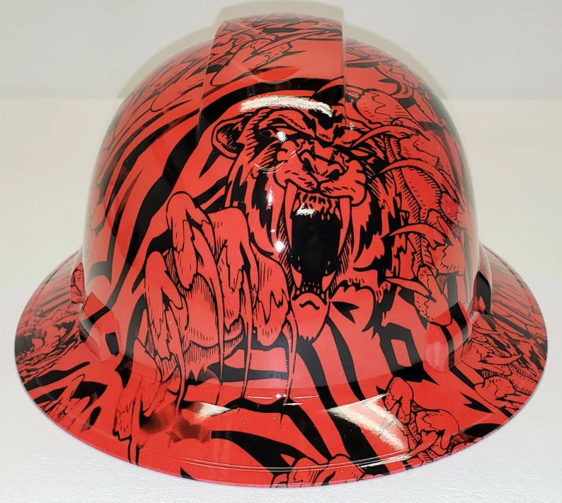 Custom Hydro Dipped Hard Hat Red King Tiger Full Brim Ridgeline