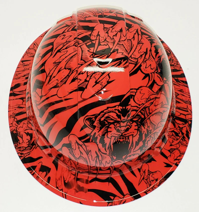 Custom Hydro Dipped Hard Hat Red King Tiger Full Brim Ridgeline