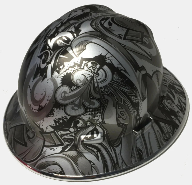 Custom Hard Hat MSA V-Gard Full Brim Silver Metallic Graffiti