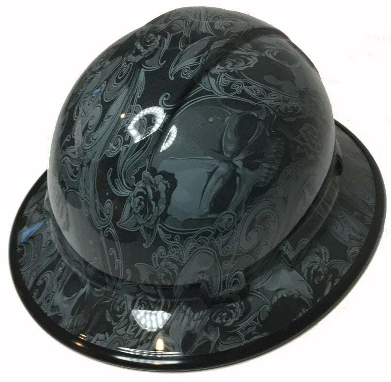 Custom Hydro Dipped Hard Hat Slate Gray Filigree Skulls Full Brim Ridgeline With Black EdgeGard