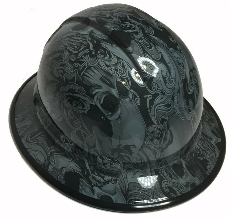 Custom Hydro Dipped Hard Hat Slate Gray Filigree Skulls Full Brim Ridgeline With Black EdgeGard