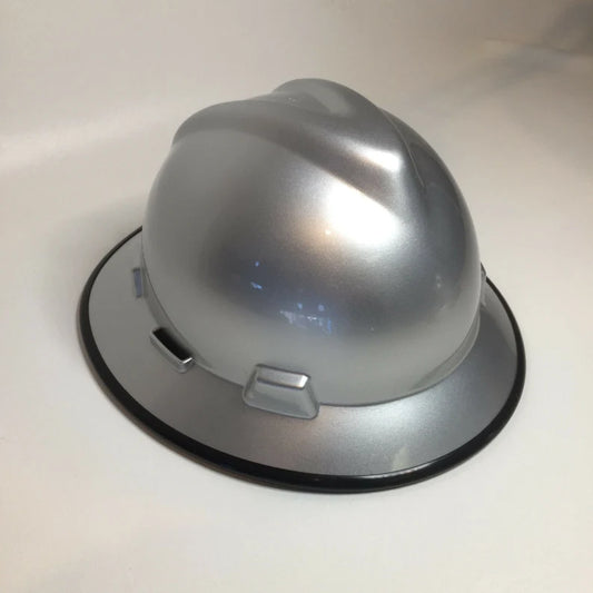 Custom Hard Hat MSA V-Gard Full Brim Silver Metallic with Black Edgegard