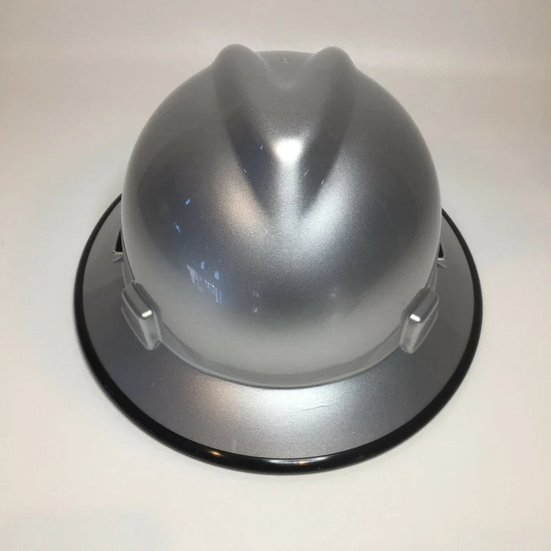 Custom Hard Hat MSA V-Gard Full Brim Silver Metallic with Black Edgegard