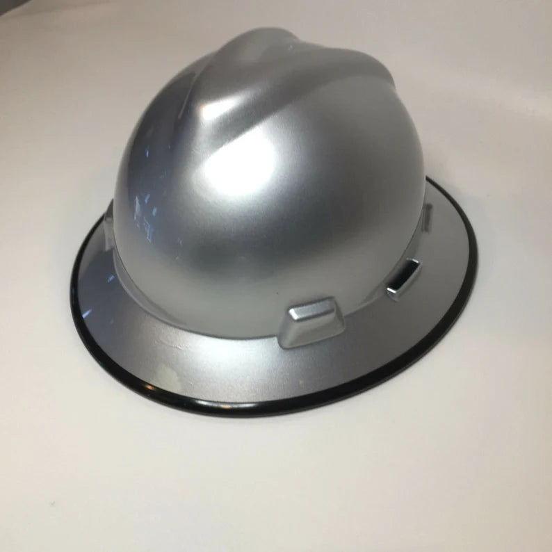 Custom Hard Hat MSA V-Gard Full Brim Silver Metallic with Black Edgegard