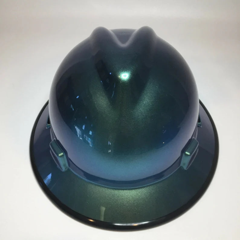 Custom Painted Hard Hat Blue Green Chameleon with Black Edgegard MSA Full Brim