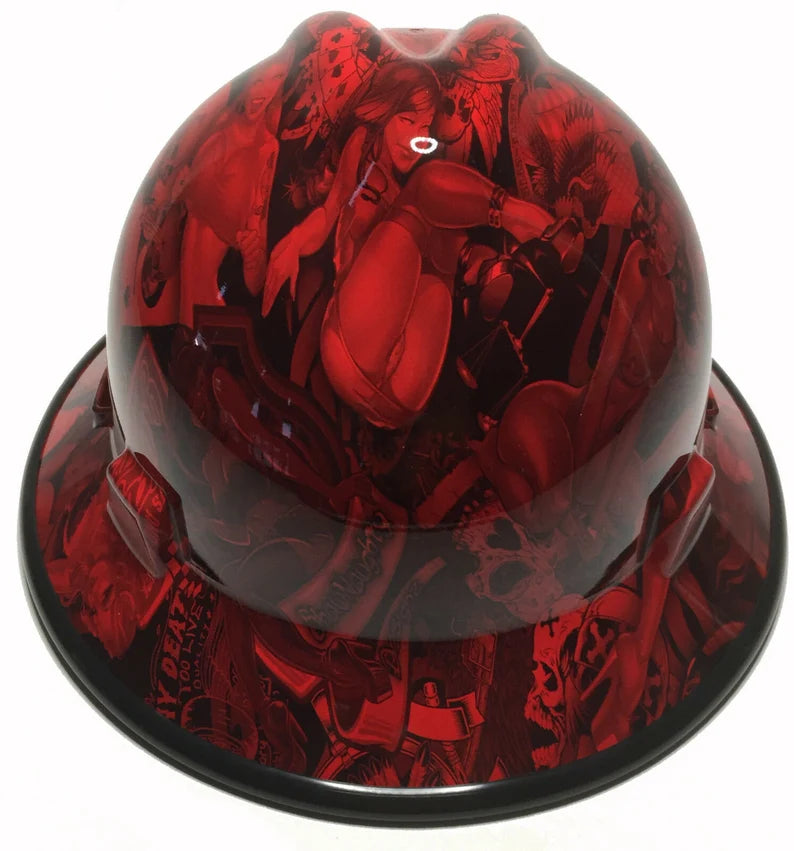 Hard Hat MSA V-Gard Full Brim Custom Red Naughty Boy with Black Edgegard Hydro Dipped