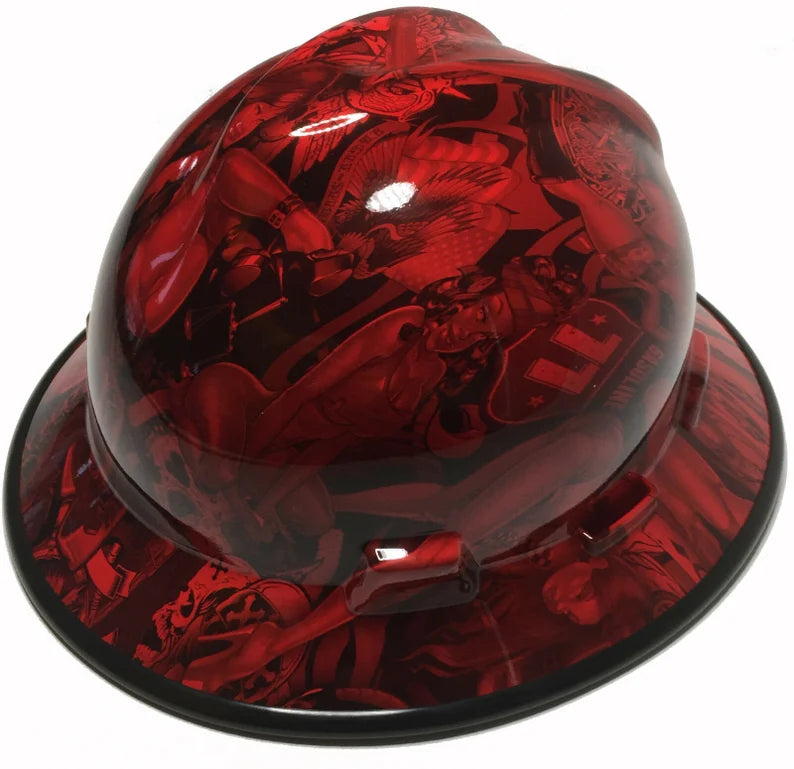 Hard Hat MSA V-Gard Full Brim Custom Red Naughty Boy with Black Edgegard Hydro Dipped